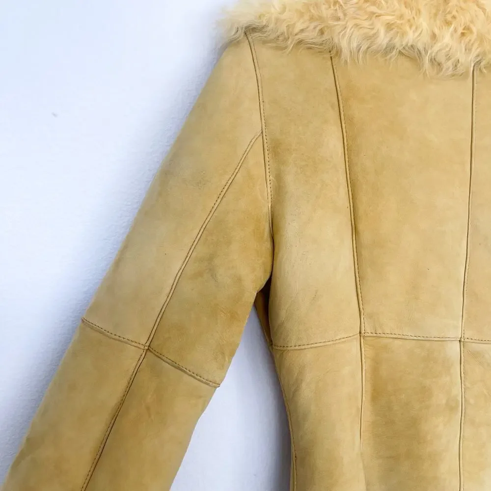 New Label SheepSkin Cream Yellow Leather Button Up shearling Jacket